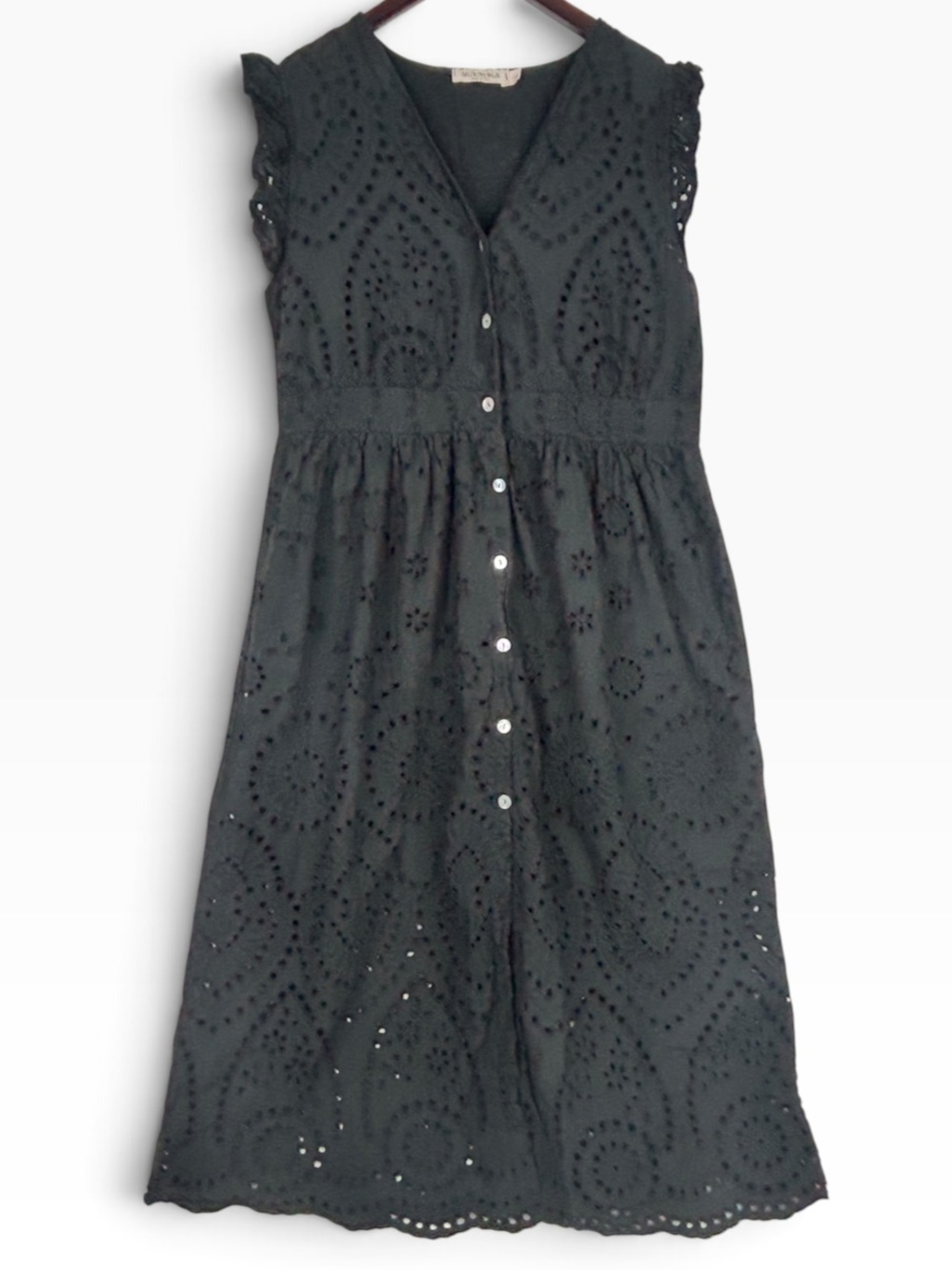 Valentina Naldi Black Made in Italy Button Down V-Neck Eyelet Sleeveless Dress L